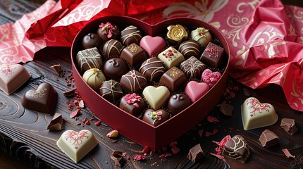 Heart-Shaped Box of Assorted Chocolates with Floral and Gold Details, Gift Wrapped