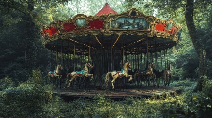 Obraz premium Abandoned Carousel Overgrown In A Lush Forest