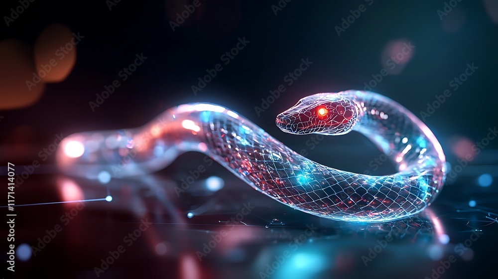 Poster mesmerizing neon snake trail weaving through a captivating futuristic digital realm emitting a capti