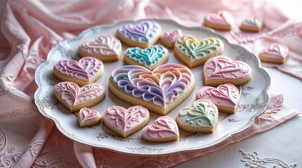  Artistic Frosted Heart Cookies in Pastel Rainbow Colors, Elegant Lace Background