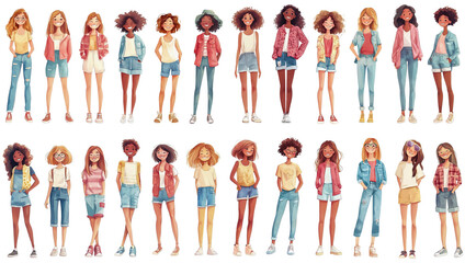 Fototapeta premium Cute cartoon teenager girls, young people standing in a row, teen girls, isolated characters