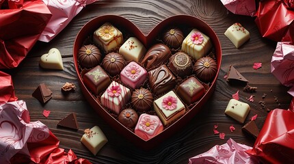 Artistic Heart-Shaped Chocolate Box with Floral Toppings, Romantic Presentation