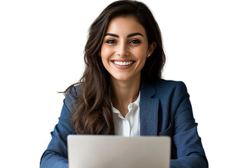 High-end portrait of a happy woman in a blue jacket and white shirt using a laptop. Isolated on a transparent PNG background, perfect for tech and lifestyle visuals.

