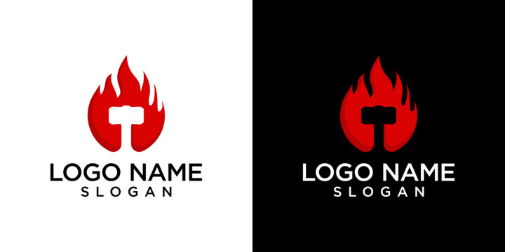 fire hammer logo design vector