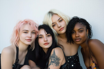 Fototapeta premium Four friends of different nationalities hugging