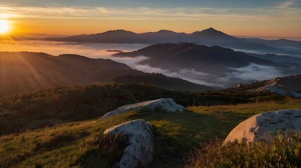 Fototapeta premium sunrise over the mountain landscape with misty valleys