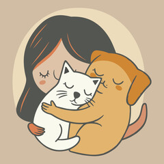 Elegant Illustrator Of A Pet Lover Girl With A Cat & Dog Vector Illustration