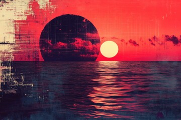 Red Sunset Over Ocean with Grunge Texture