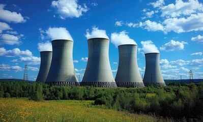 Fototapeta premium Nuclear power plant with six cooling towers under cloudy sky