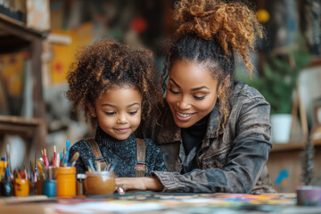 A creative mother and her daughter enjoying quality time painting in a warm, rustic studio filled with art supplies. A moment of connection and creativity.
