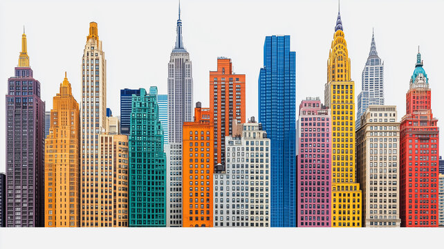 Colorful NYC Skyline: A vibrant and playful depiction of the iconic New York City skyline, rendered in a spectrum of cheerful colors. This whimsical image evokes a sense of fun and energy.