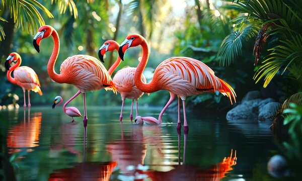 Three vibrant pink flamingos wade in a tranquil tropical pond amidst lush greenery.