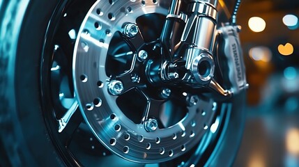 Obraz premium Close-up of a motorcycle's front disc brake with hub, close-up of the four-piston caliper on a brown luxury car part in a showroom