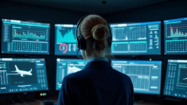 Professional air traffic controller monitors flight data in busy control room