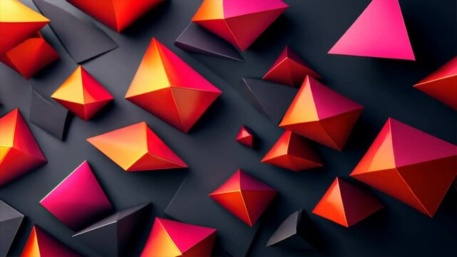 Vibrant geometric shapes in red and orange create modern 3D design, showcasing dynamic pyramids and abstract forms against dark background for striking visual effect.
