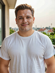 Fototapeta premium Retrato de hombre blanco de cabello corto al aire libre en verano vistiendo una camiseta blanca de algodón casual 
