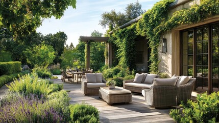 Luxurious outdoor patio area with comfortable furniture and lush landscaping.