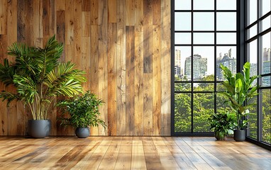 Sunlit room with wood wall, plants, and city view.