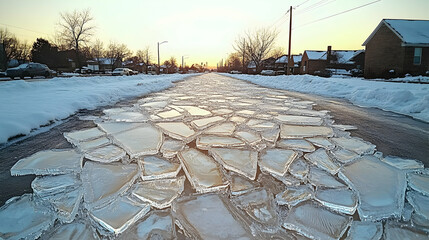 Sunlit residential street covered in fractured ice sheets after a winter freeze.