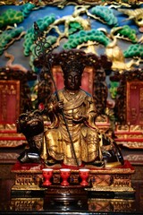Intricate deity statue in a temple setting.