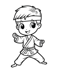 Kids line art vector black border  | Sports Coloring page Activity | Perfect for Young Martial Artists  | Exciting Karate Kid Illustration.