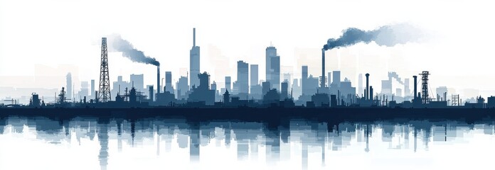 Obraz premium Industrial cityscape silhouette with oil rig and heavy machinery