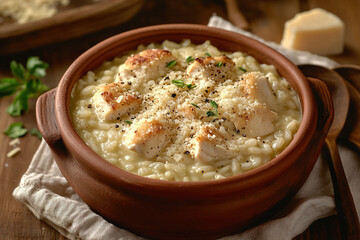 Creamy Chicken and Parmesan Risotto in a Rustic Clay Bowl on a Farmhouse Table