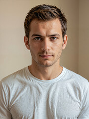 Obraz premium Retrato de un hombre joven blanco vistiendo una camiseta blanca de algodón en el interior de una habitación 