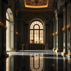 Fototapeta premium Gold and Black Baroque Style Palace Portal with Ornate Columns Generative AI Interior Design