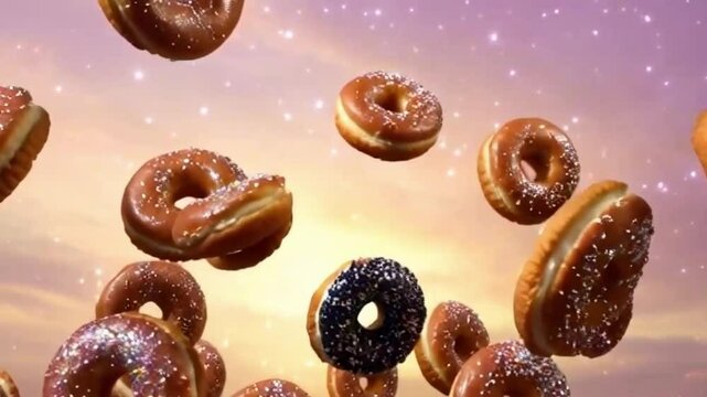Golden donut bite missing slow motion fluffy crumb glowing sugar coating chocolate oozes or Slowly filmed golden donut bitten soft crumb glowing chocolate coating flows