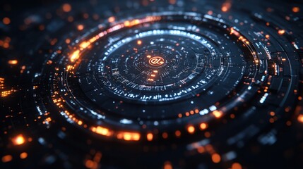 Glowing circular technological interface, digital, futuristic.