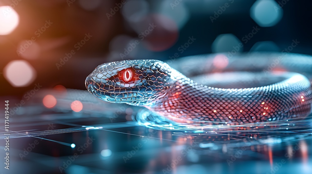 Poster surreal digital or 3d rendering of a futuristic cybernetic snake with glowing energy trails and neon
