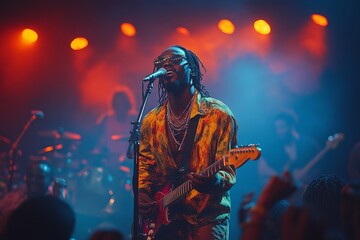 Male musician in vibrant attire singing passionately on stage with a guitar under dramatic lighting.