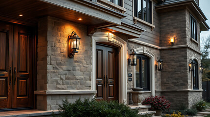 Exterior view of a house at night.  The home features stone facade, double wooden doors, ornate lighting fixtures, and landscaping.  The lighting illuminates architectural details.