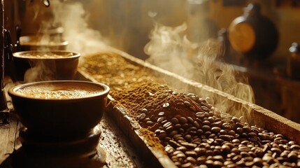 Steaming Coffee Beans and Ground Coffee in Rustic Setting