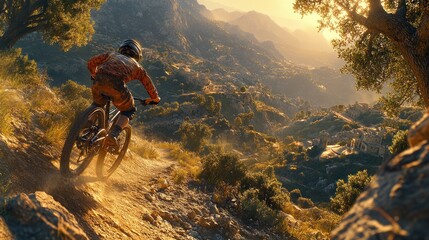 Naklejka premium Mountain biker descends a scenic trail overlooking a valley at golden hour.