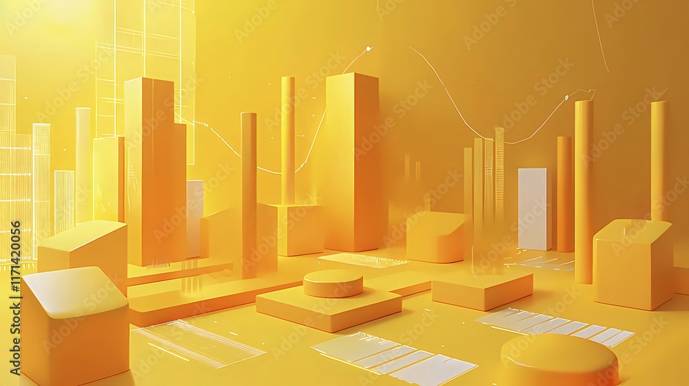 Aufkleber abstract yellow 3d geometric shapes and data visualization.