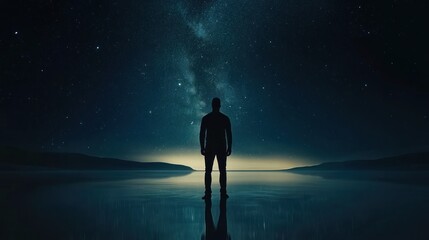 Fototapeta premium Silhouetted man standing alone at night, gazing at the Milky Way galaxy reflected in a calm body of water.