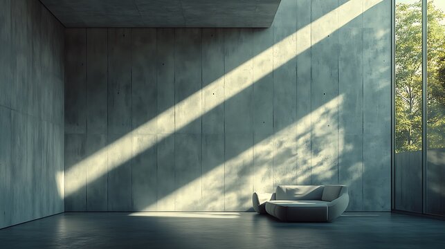 Modern sofa in minimalist room with natural light indoor calm