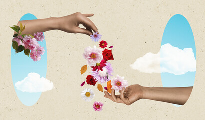 Creative illustration in surrealistic scrapbooking style. Human hands sharing blooming heads of flowers. Generous gesture of kindness and harmony
