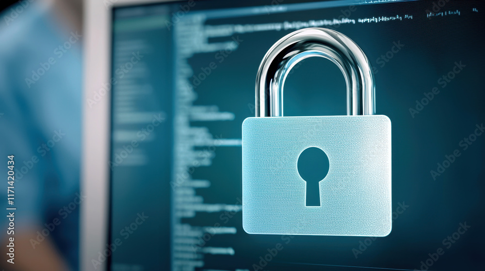 Poster digital padlock symbol overlaying computer screen represents security