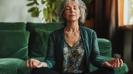 Fototapeta premium Elderly Woman Meditating on Green Sofa