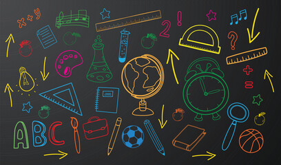 Colorful Educational doodles set with globe on blackboard