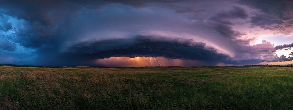 A captivating view of a dramatic thunderstorm over a wide-open prairie, with lightning striking and dark clouds rolling in, Thunderstorm scene