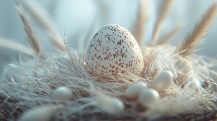 Obraz premium Speckled Bird Egg in a Feathery Nest