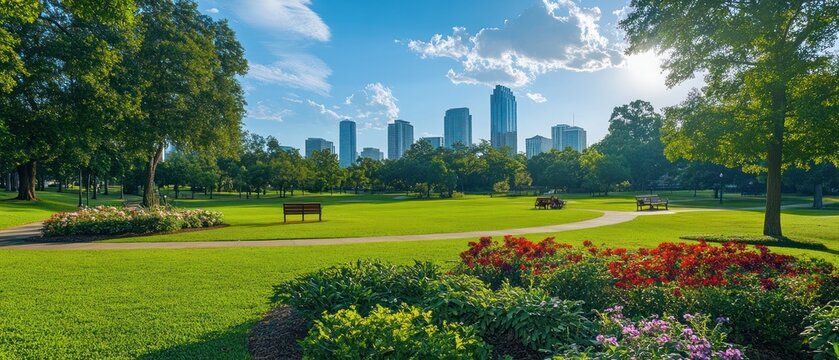 Fototapeta Lush park with city skyline.