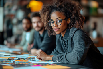 Fototapeta premium A woman with curly hair and glasses works with a diverse team in a modern office. Ideal for teamwork, creativity, and professional settings.