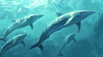 Naklejka premium Dolphins Swimming in a Clear Ocean Environment