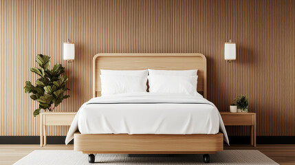 Hospital bed concept. Modern wooden bed with white bedding and stylish decor elements
