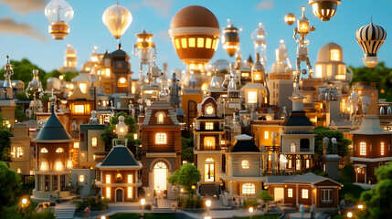 Fototapeta premium Illuminated miniature city with robots and airships at dusk.